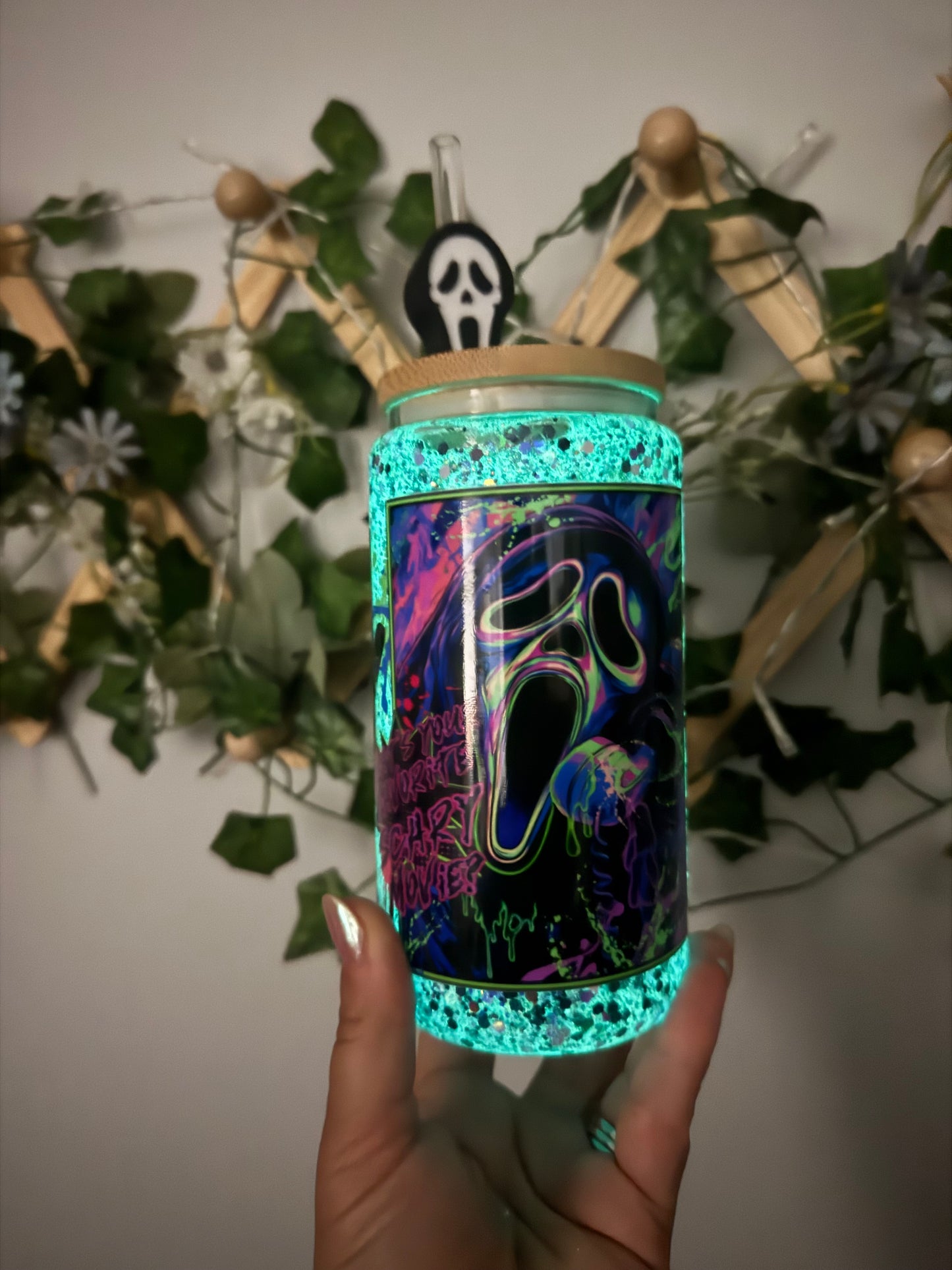 Ghost Face Glitter Snow Globe Tumbler with Ghost Face straw topper (RTS)