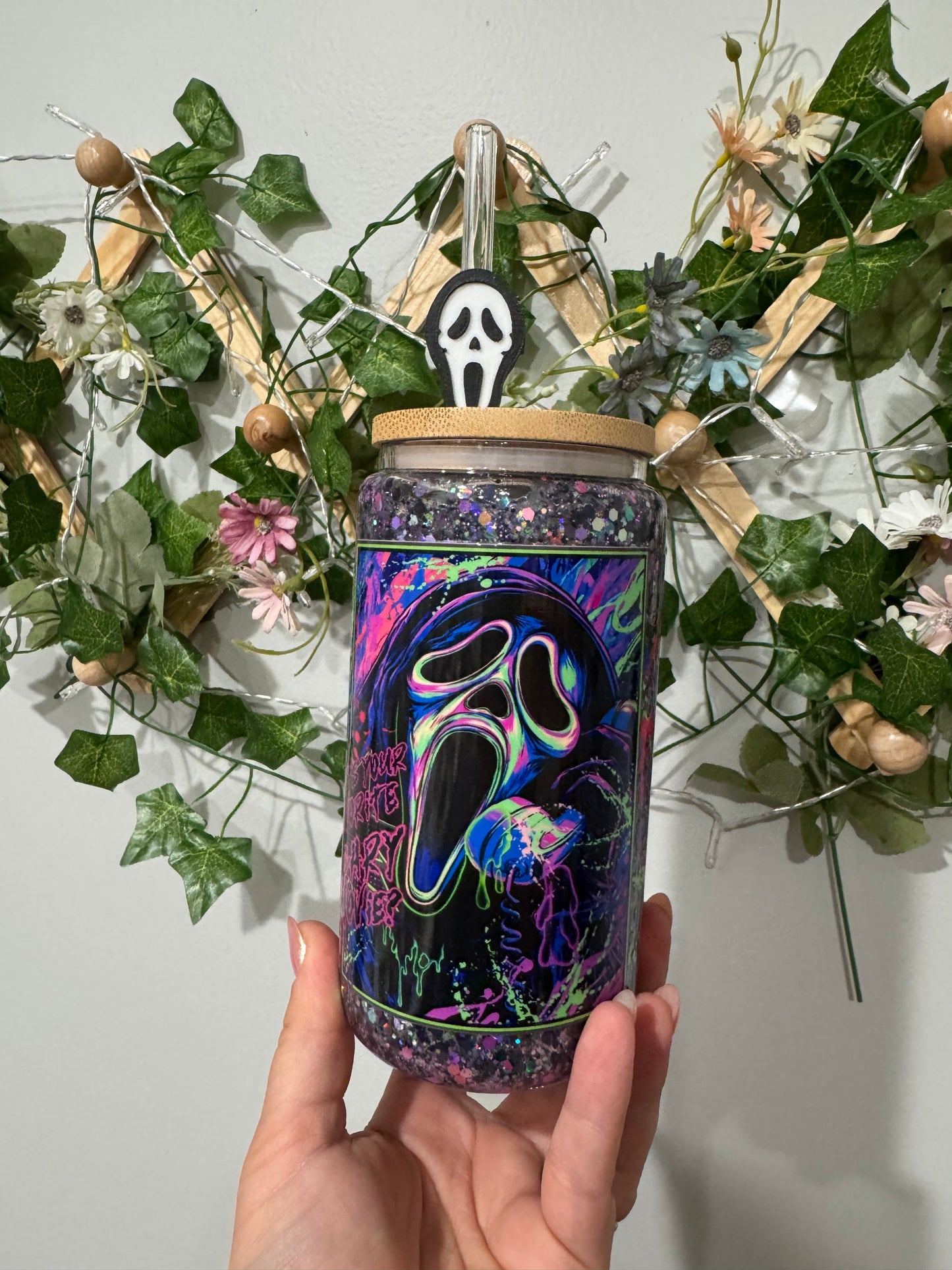 Ghost Face Glitter Snow Globe Tumbler with Ghost Face straw topper (RTS)