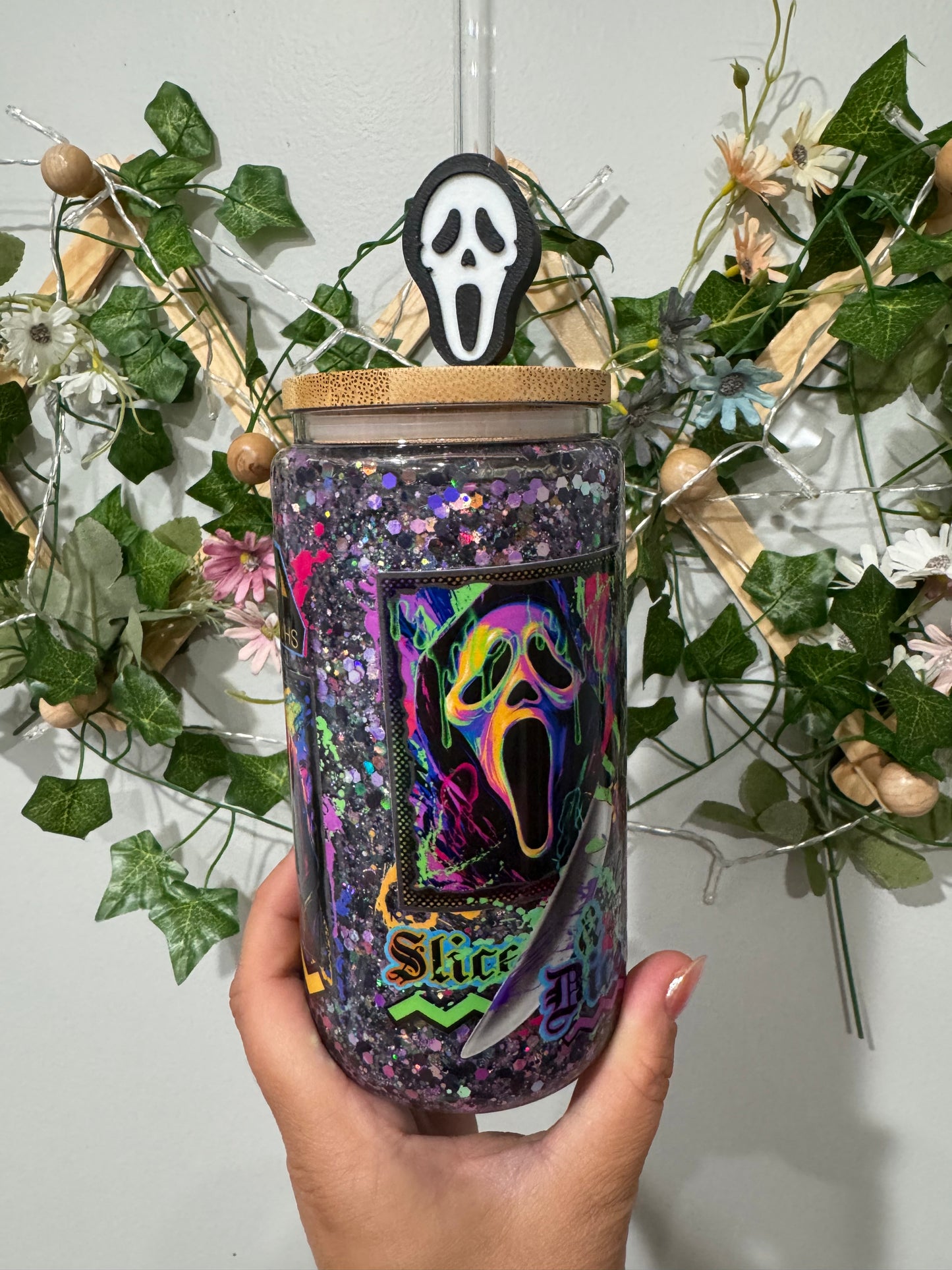 Ghost Face Glitter Snow Globe Tumbler with Ghost Face straw topper (RTS)