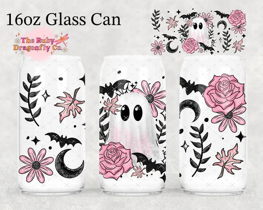 Pink Floral Ghostie Cup with Black Moon Straw Topper