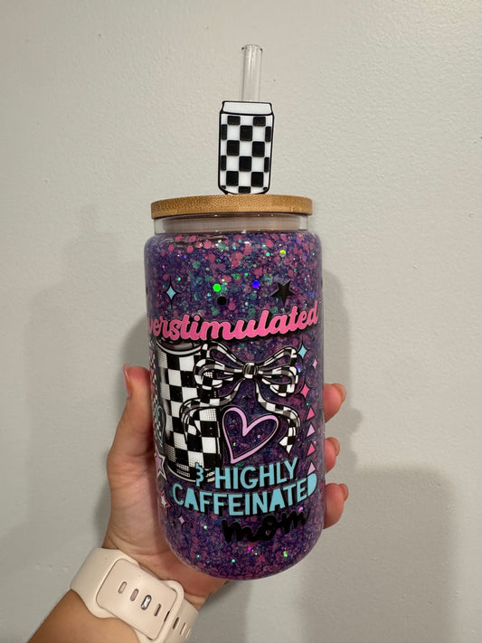 Overstimulated and highly caffeinated mom with checkered can straw topper (RTS)