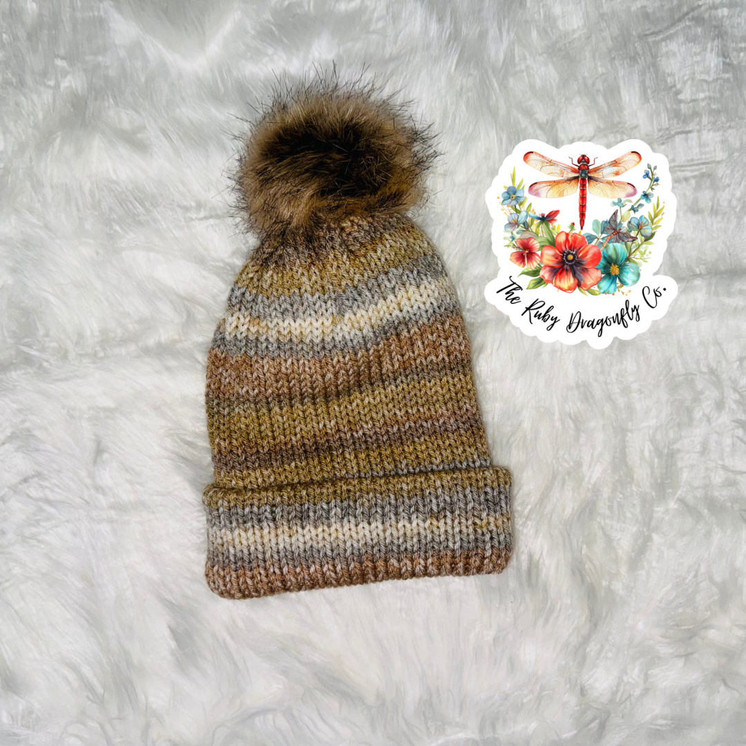 Sand Ombré Knit Hat with Brown Puff