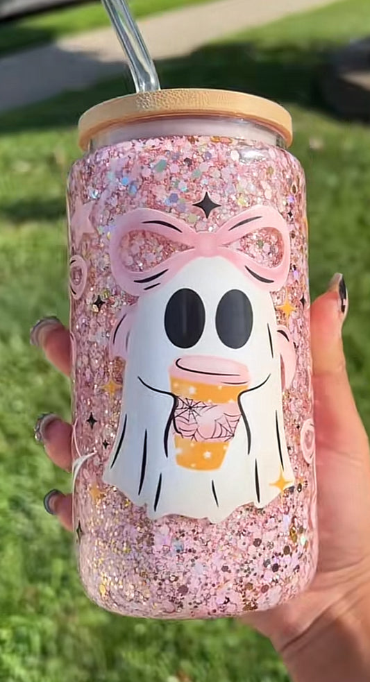 Pink ghost coffee snow globe tumbler
