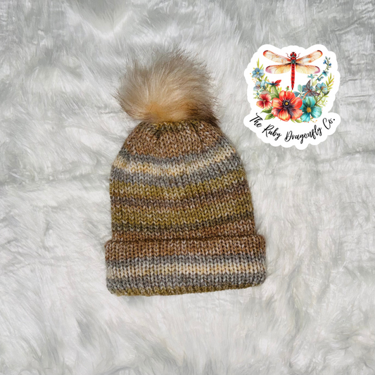 Sand Ombré Knit Hat with Beige Puf