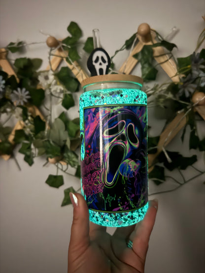 Ghost Face Glitter Snow Globe Tumbler with Ghost Face straw topper (RTS)