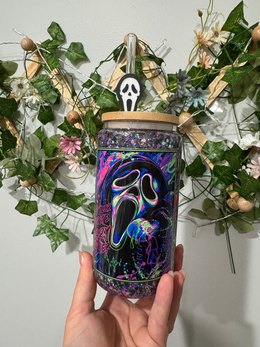 Ghost Face Glitter Snow Globe Tumbler with Ghost Face straw topper (RTS)