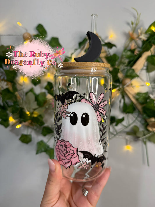 Pink Floral Ghostie Cup with Black Moon Straw Topper